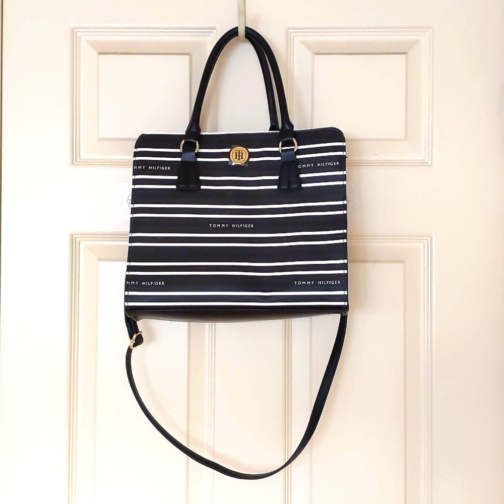 NWT. Tommy Hilfiger Stripes & Logo Shoulder/Crossbody bag with three layers.